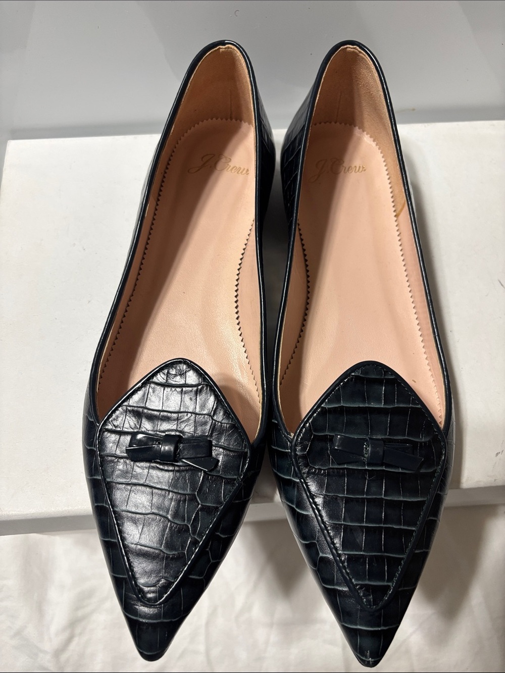 J. Crew Black Croc-Embossed Pointed Loafers. EUC